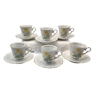 Tienshan Fine China Yellow Floral Tea Cup a0nd Saucer Set of 6 Gold Trim S